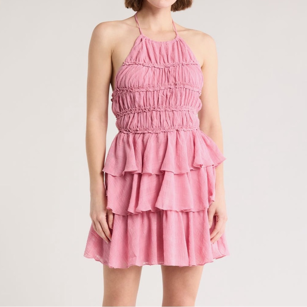 Lush halter ruffle tiered and ruched top mini dress